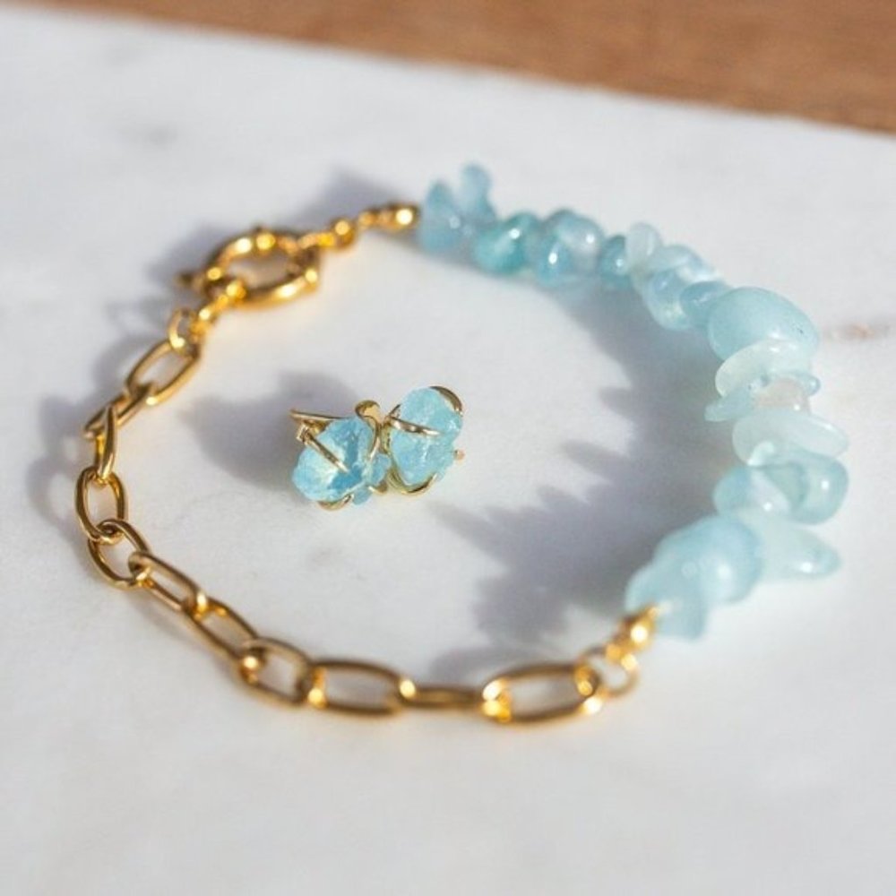 BUNDLE GENUINE AQUAMARINE Stud Earrings & Aquamarine Bracelet non-tarnish Gold